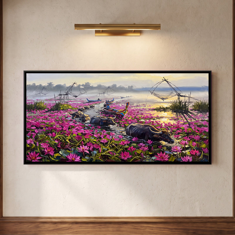 Buffalo Wading Through Water Lilies - framed canvas art hung on a wall