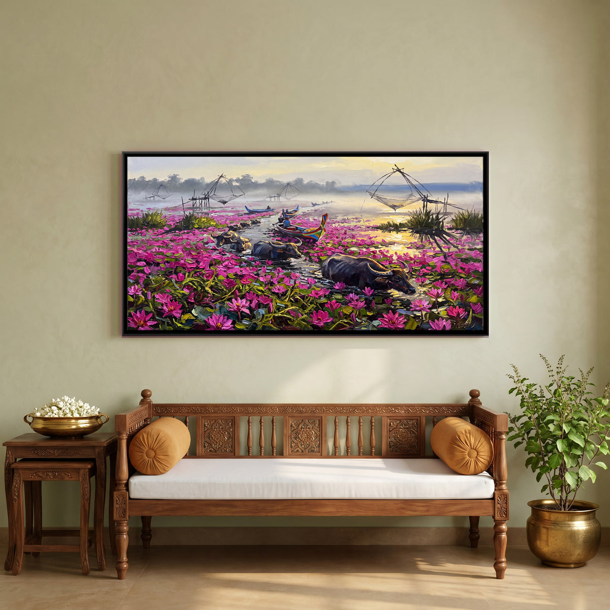 Buffalo Wading Through Water Lilies - canvas art shown in a styled room