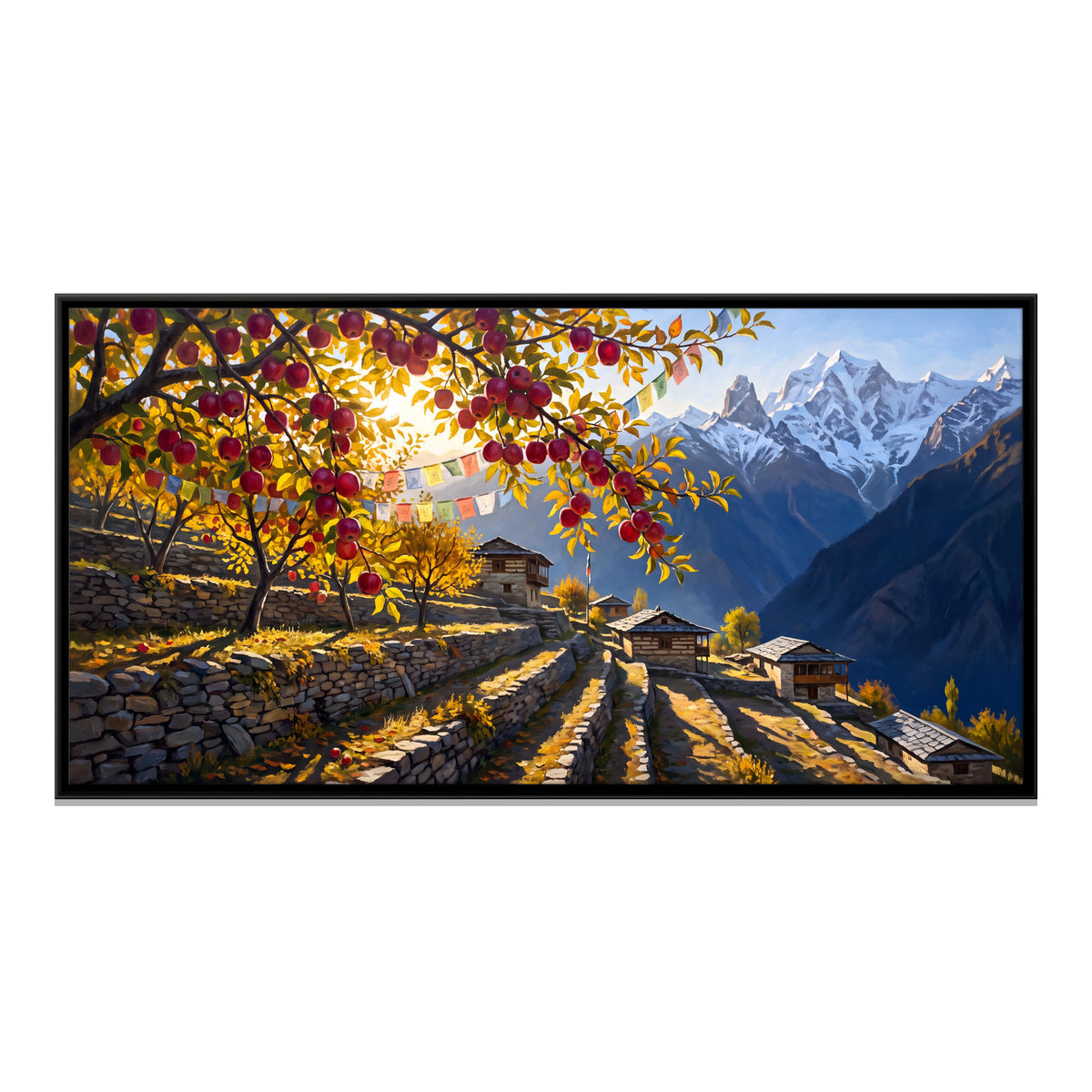 Apple Orchard in the Himalayas - framed canvas print, front view