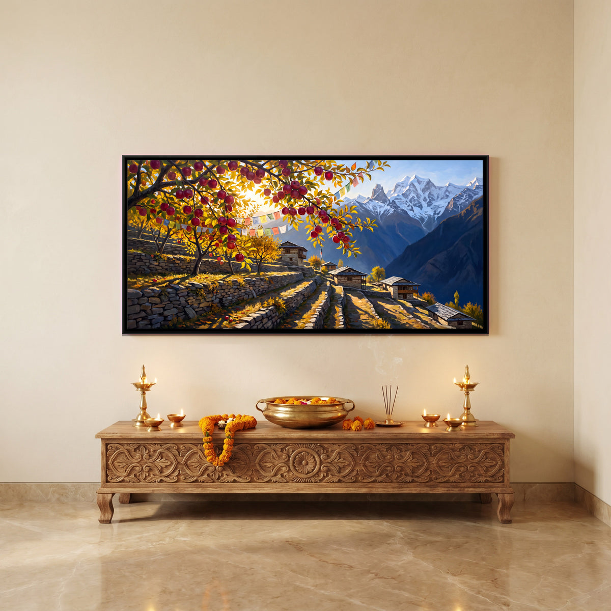 Apple Orchard in the Himalayas - canvas art shown in a second room setting