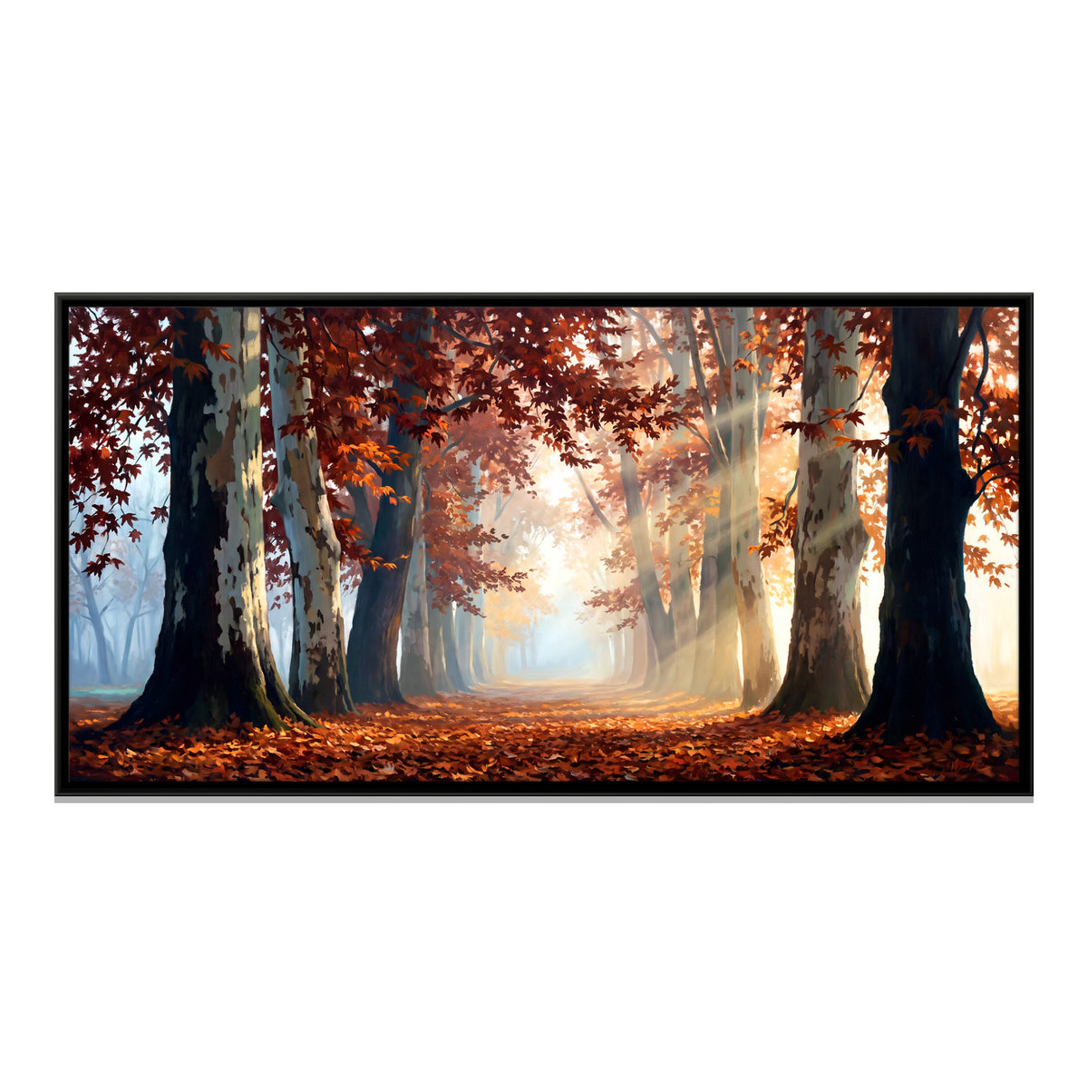Sunlit Autumn Avenue - framed canvas print, front view
