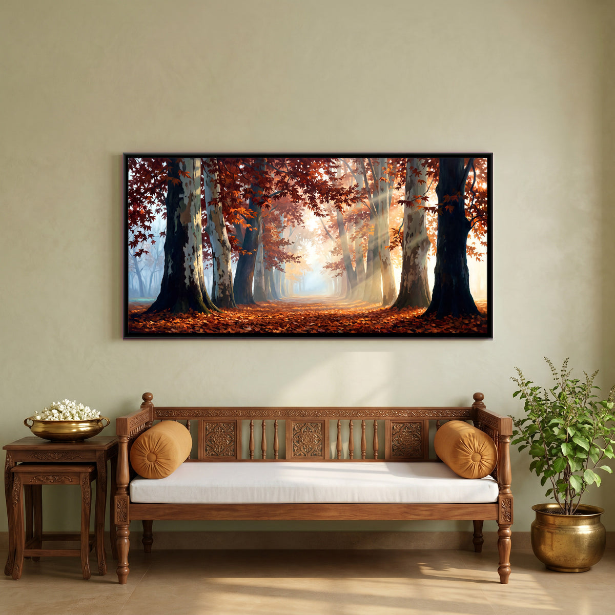 Sunlit Autumn Avenue - canvas art shown in a styled room
