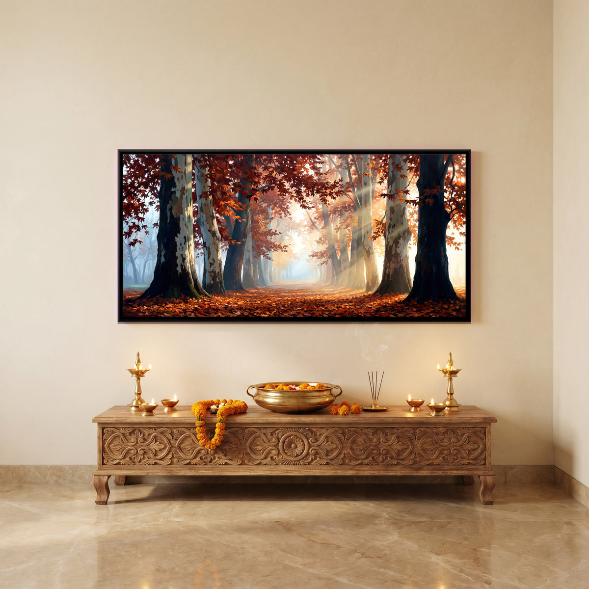 Sunlit Autumn Avenue - canvas art shown in a second room setting