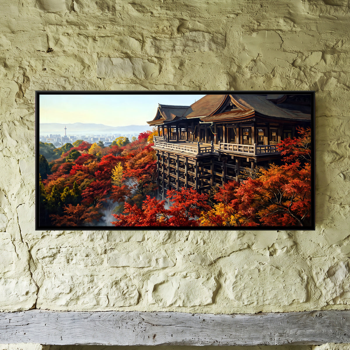 Kyoto Temple in Autumn - framed canvas art hung on a wall