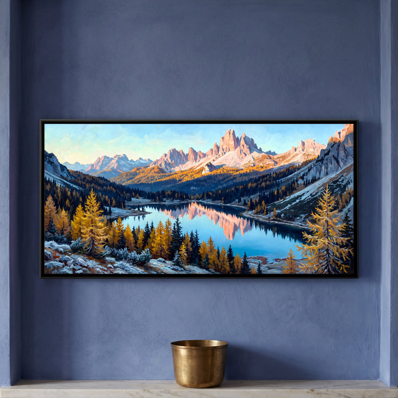 Alpine Lake and Golden Larches - framed canvas art hung on a wall