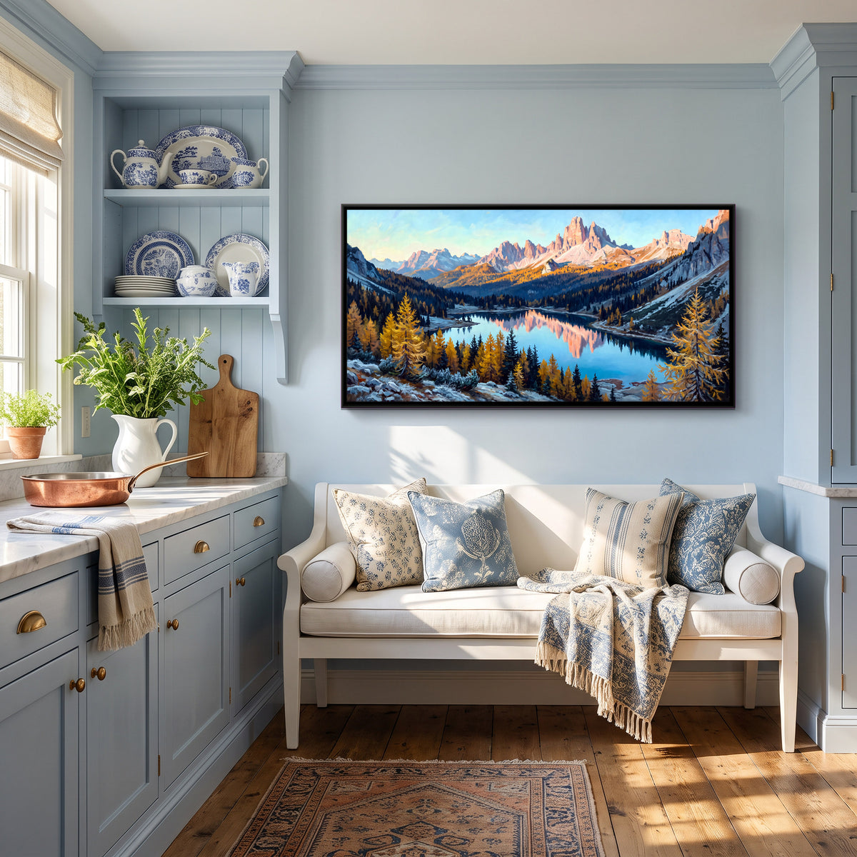 Alpine Lake and Golden Larches - canvas art shown in a styled room