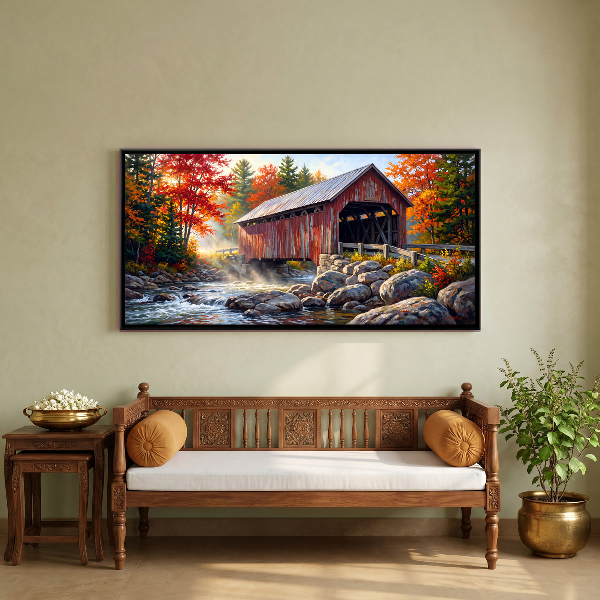 Red Covered Bridge in Autumn - canvas art shown in a styled room