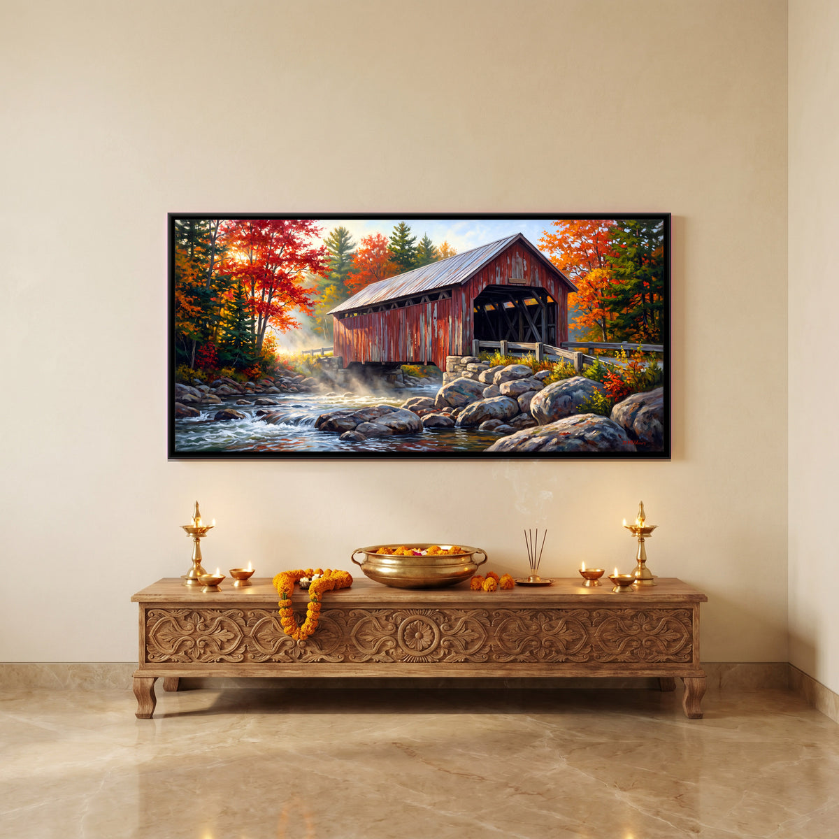 Red Covered Bridge in Autumn - canvas art shown in a second room setting