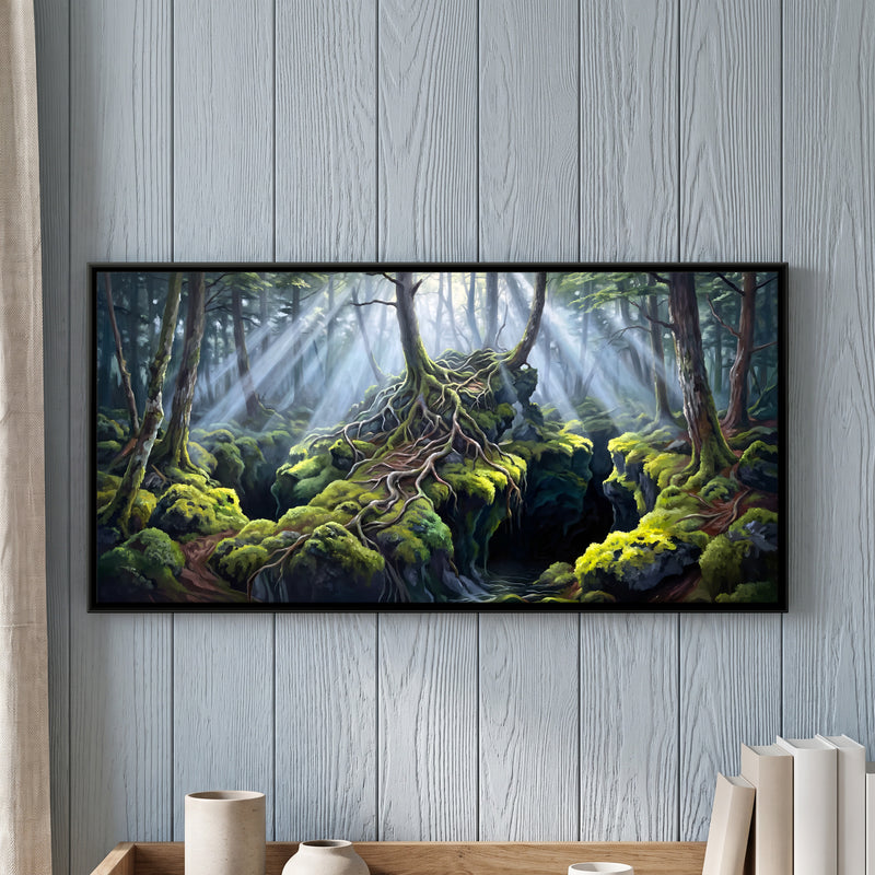 Mossy Roots in a Sunlit Forest - framed canvas art hung on a wall