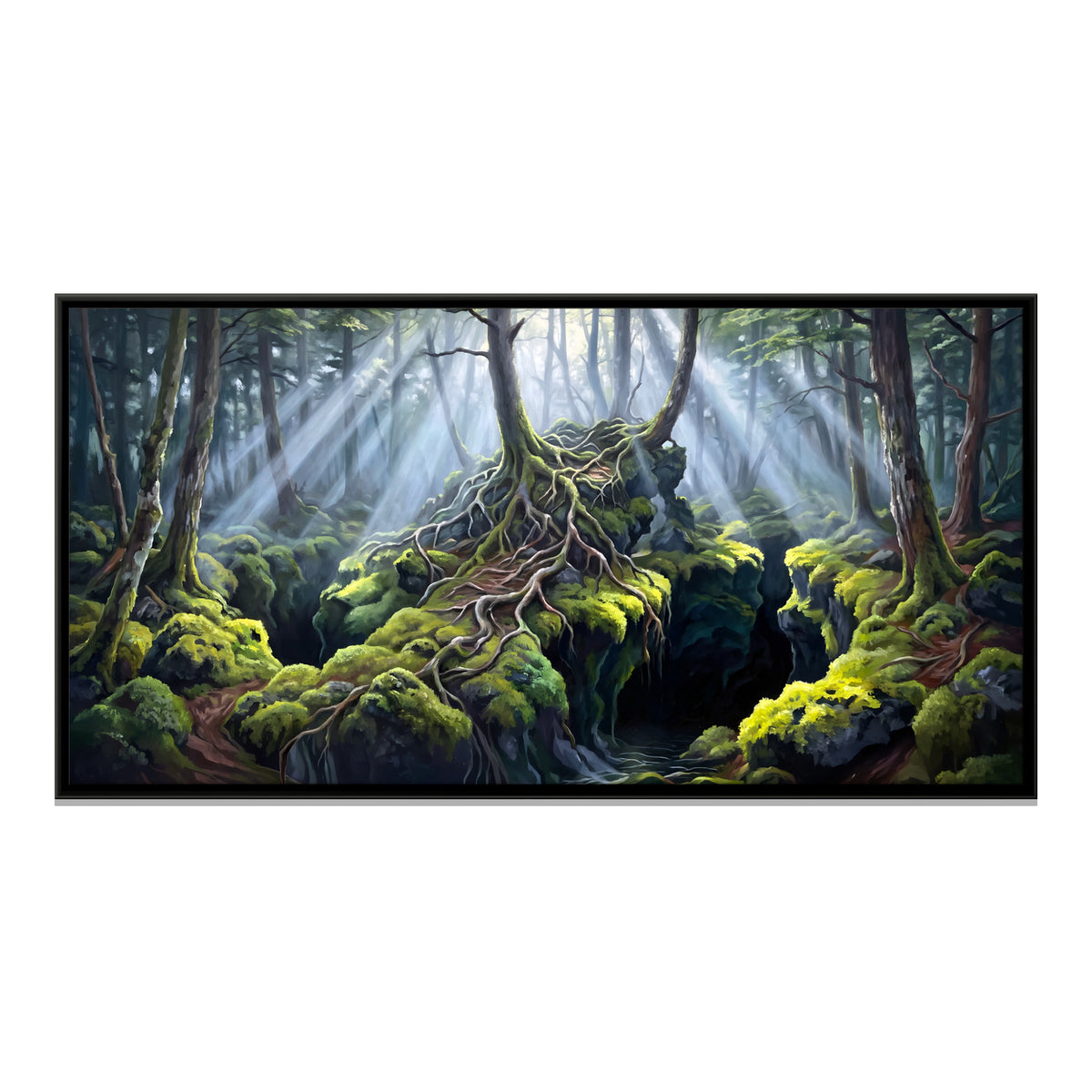 Mossy Roots in a Sunlit Forest - framed canvas print, front view