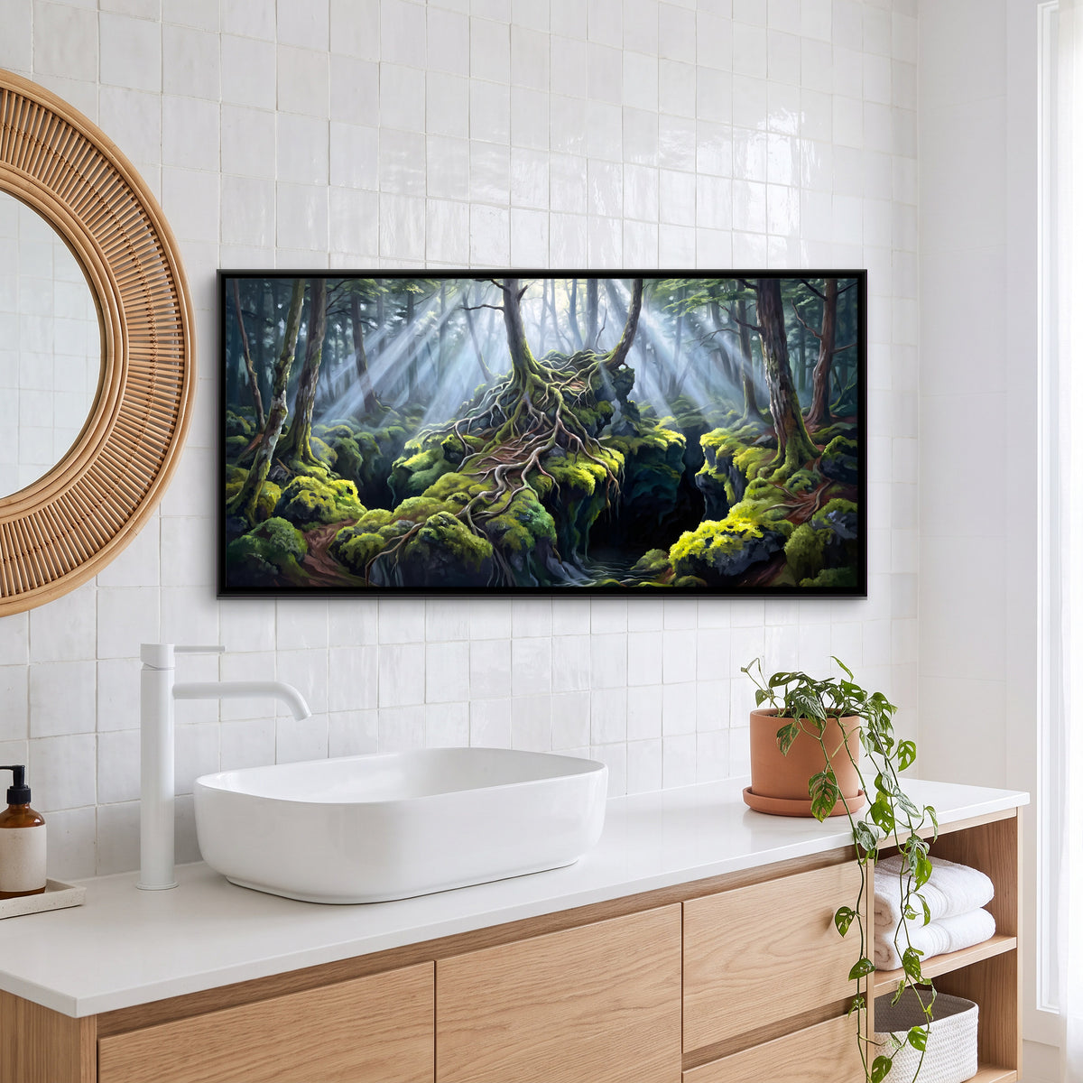 Mossy Roots in a Sunlit Forest - canvas art shown in a styled room