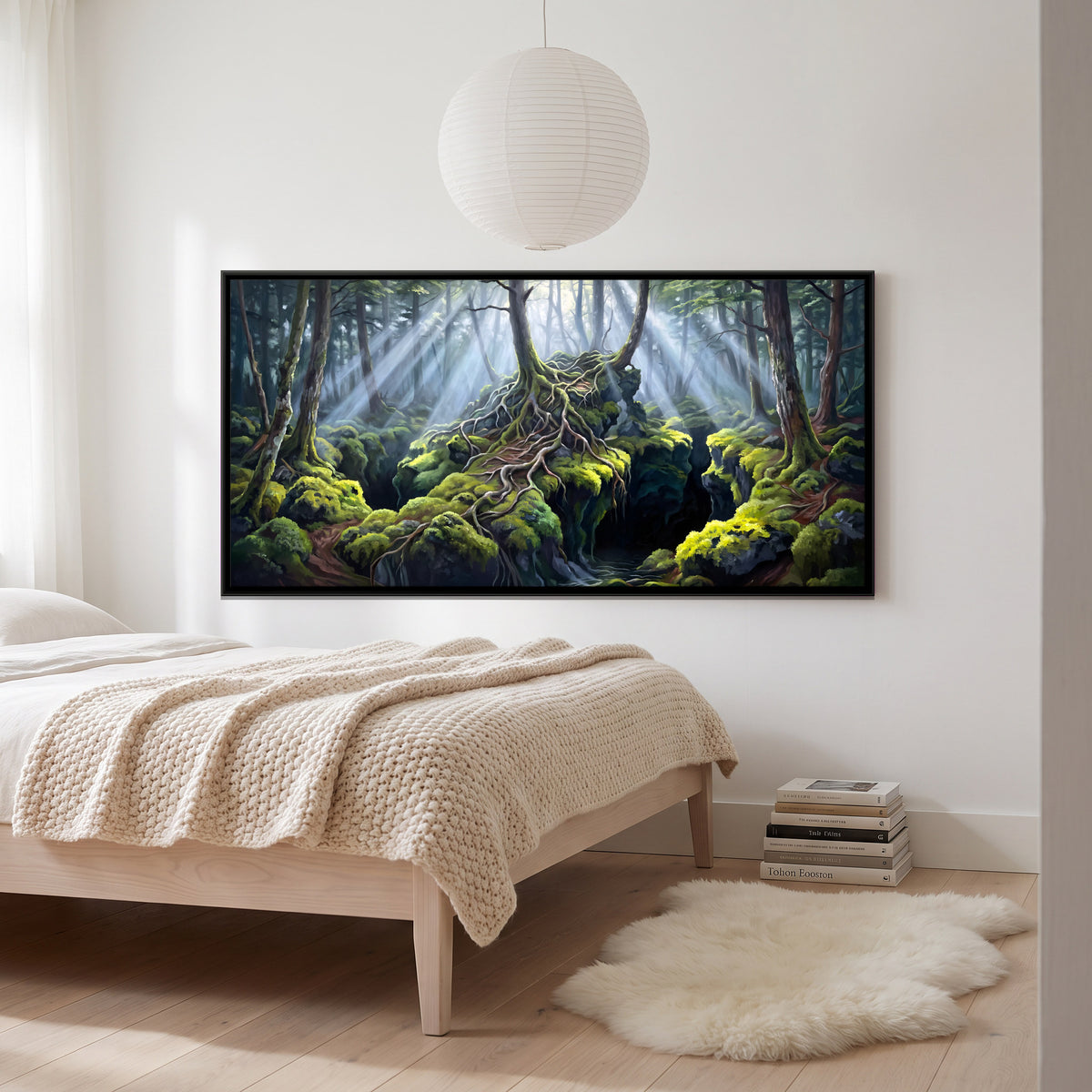 Mossy Roots in a Sunlit Forest - canvas art shown in a second room setting