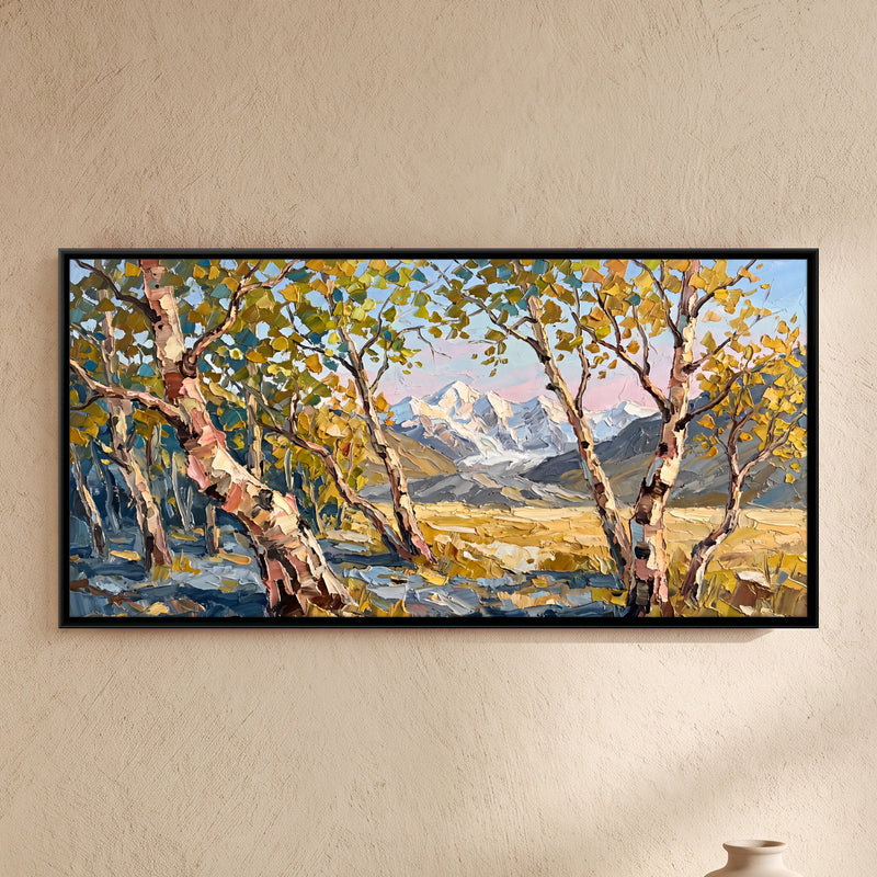 Autumn Birches Below Snow Peaks - framed canvas art hung on a wall