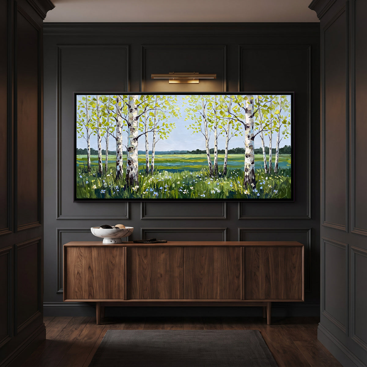 Birches in a Spring Meadow - canvas art shown in a styled room