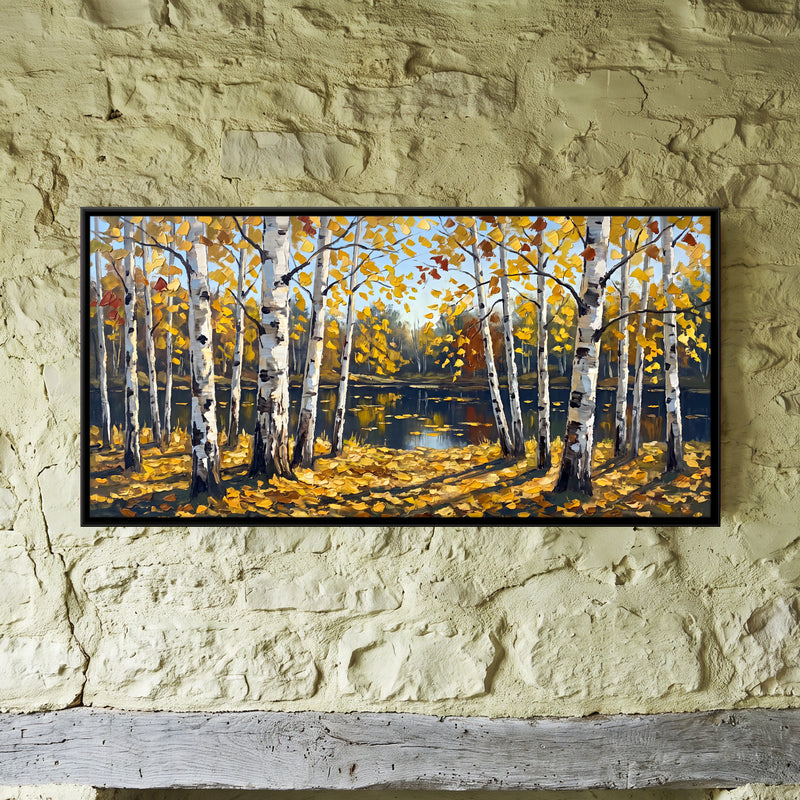 Autumn Birches by a Lake - framed canvas art hung on a wall