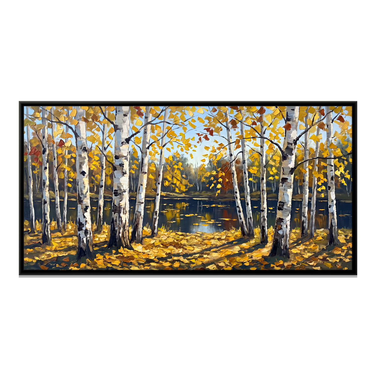 Autumn Birches by a Lake - framed canvas print, front view
