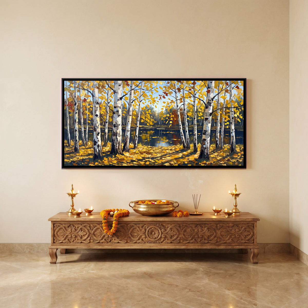 Autumn Birches by a Lake - canvas art shown in a styled room