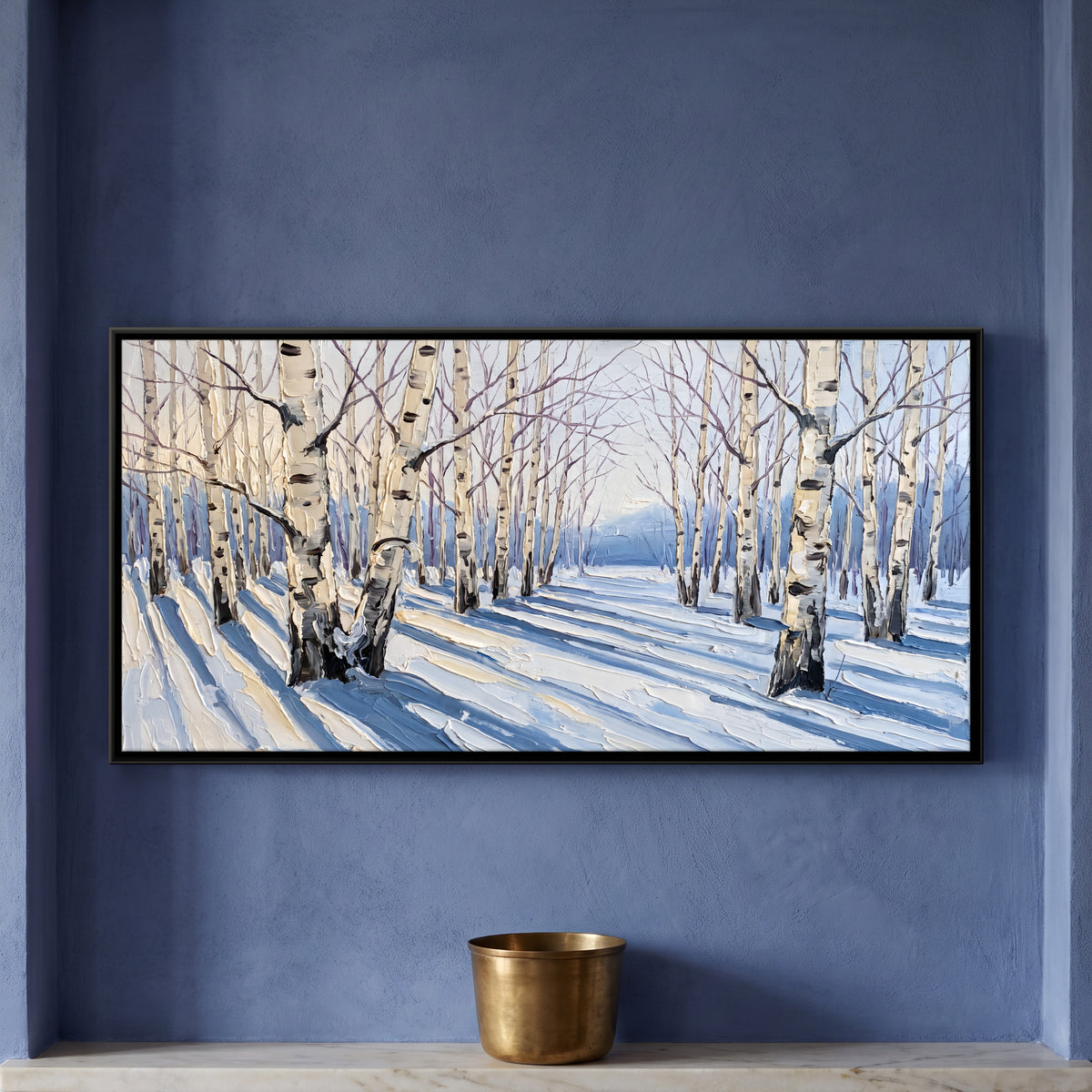Birches in Winter Snow - framed canvas art hung on a wall