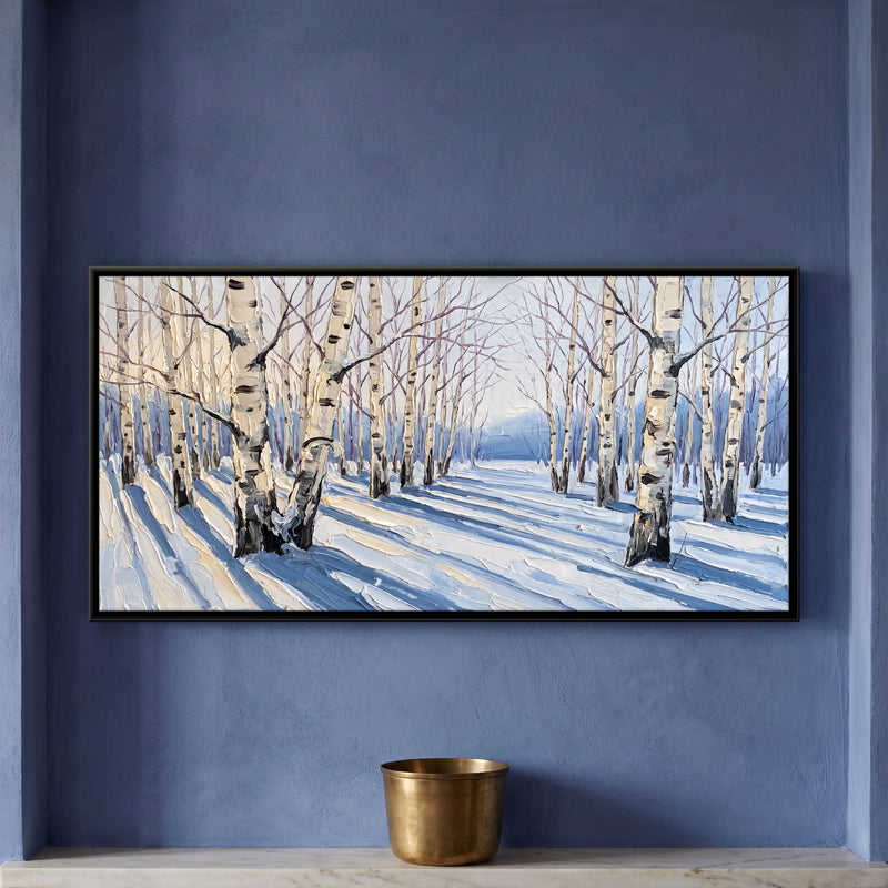 Birches in Winter Snow - framed canvas art hung on a wall