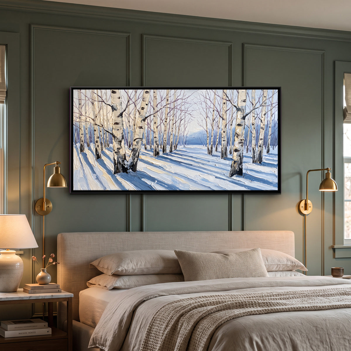 Birches in Winter Snow - canvas art shown in a styled room