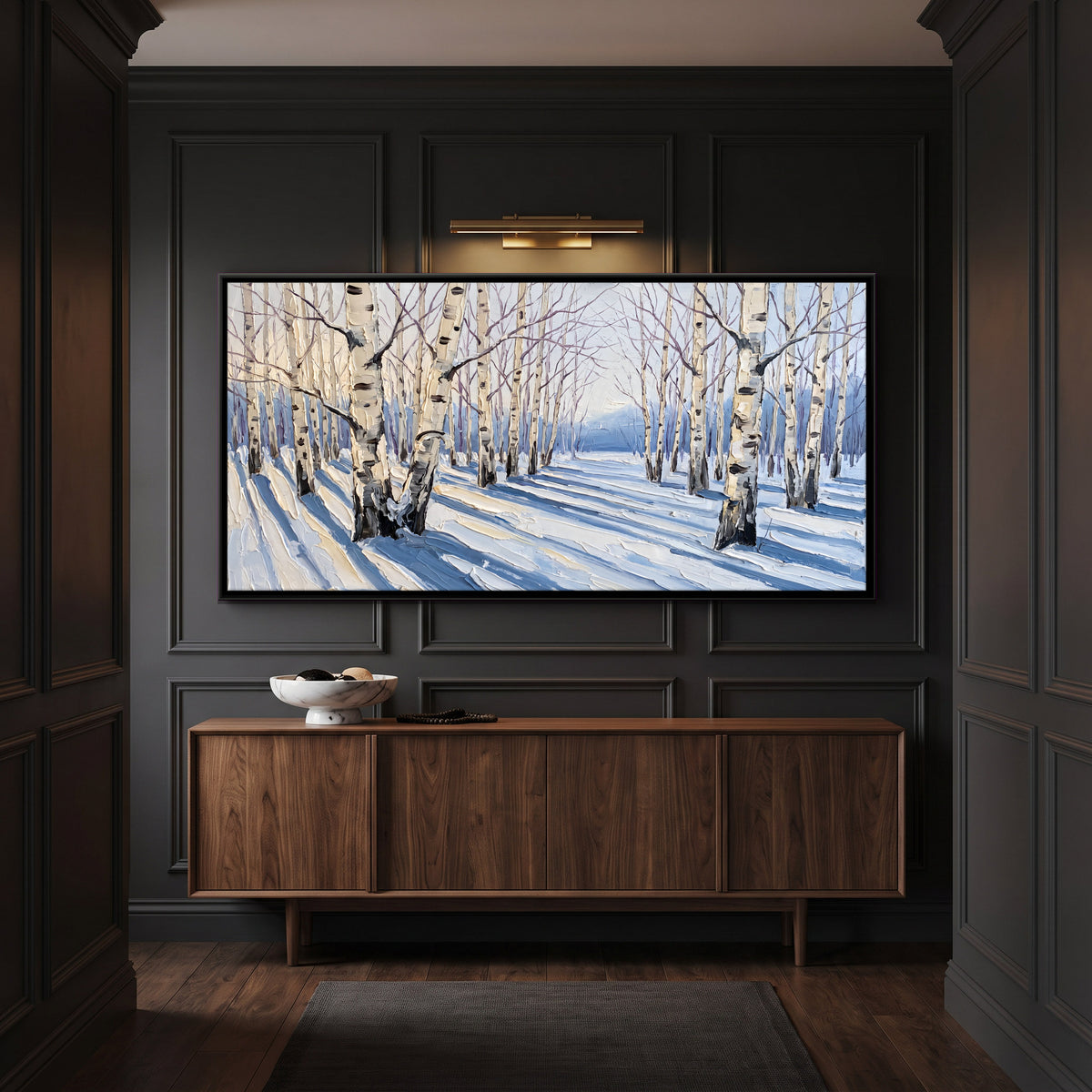 Birches in Winter Snow - canvas art shown in a second room setting