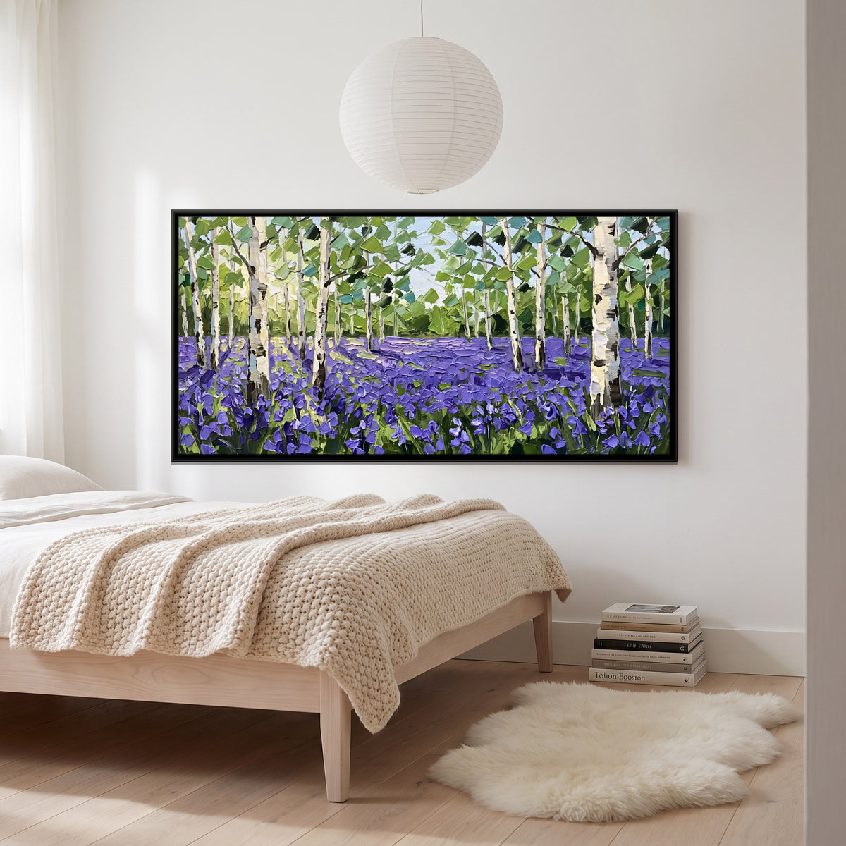 Birches Over a Bluebell Field - canvas art shown in a second room setting