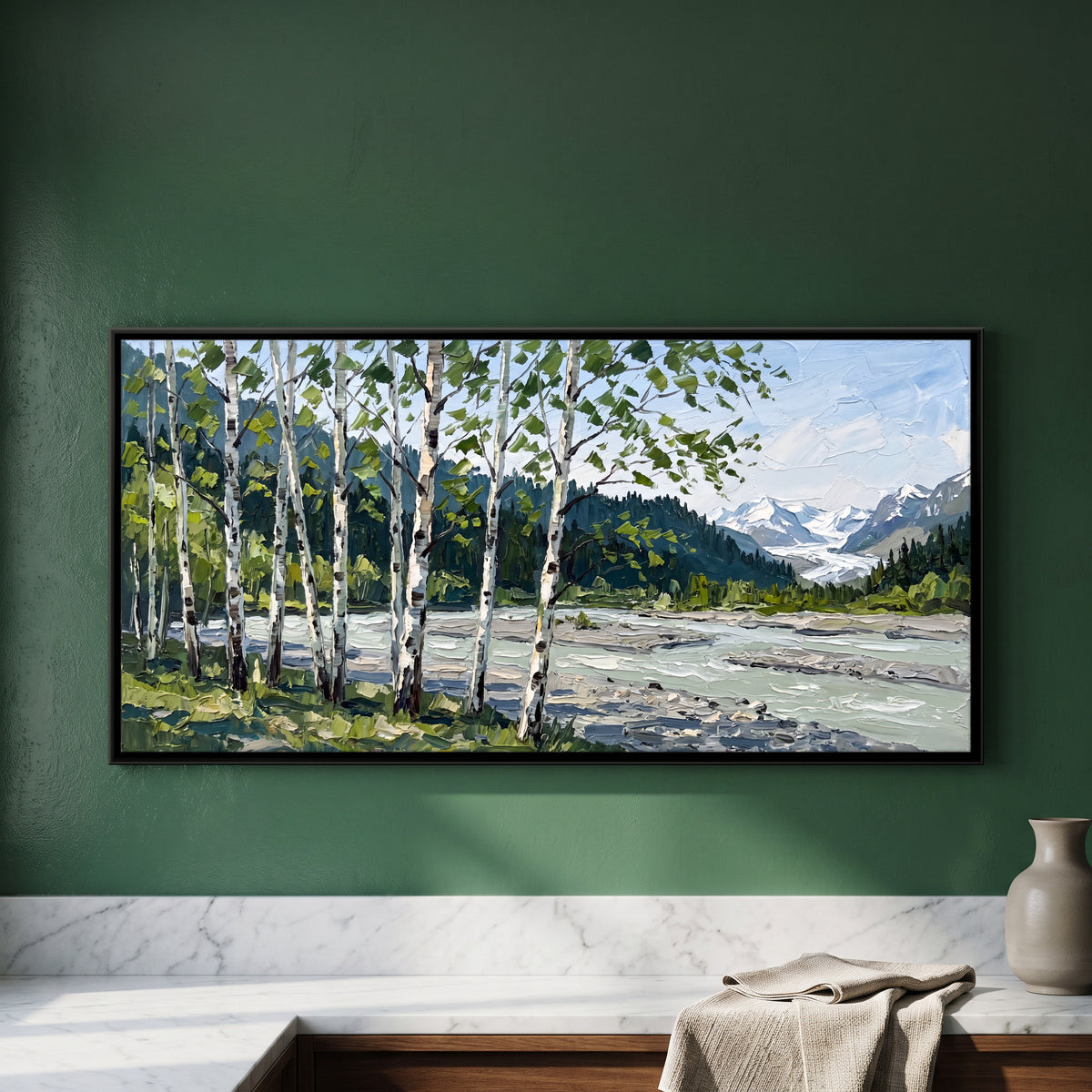 Birches by a Mountain River - framed canvas art hung on a wall