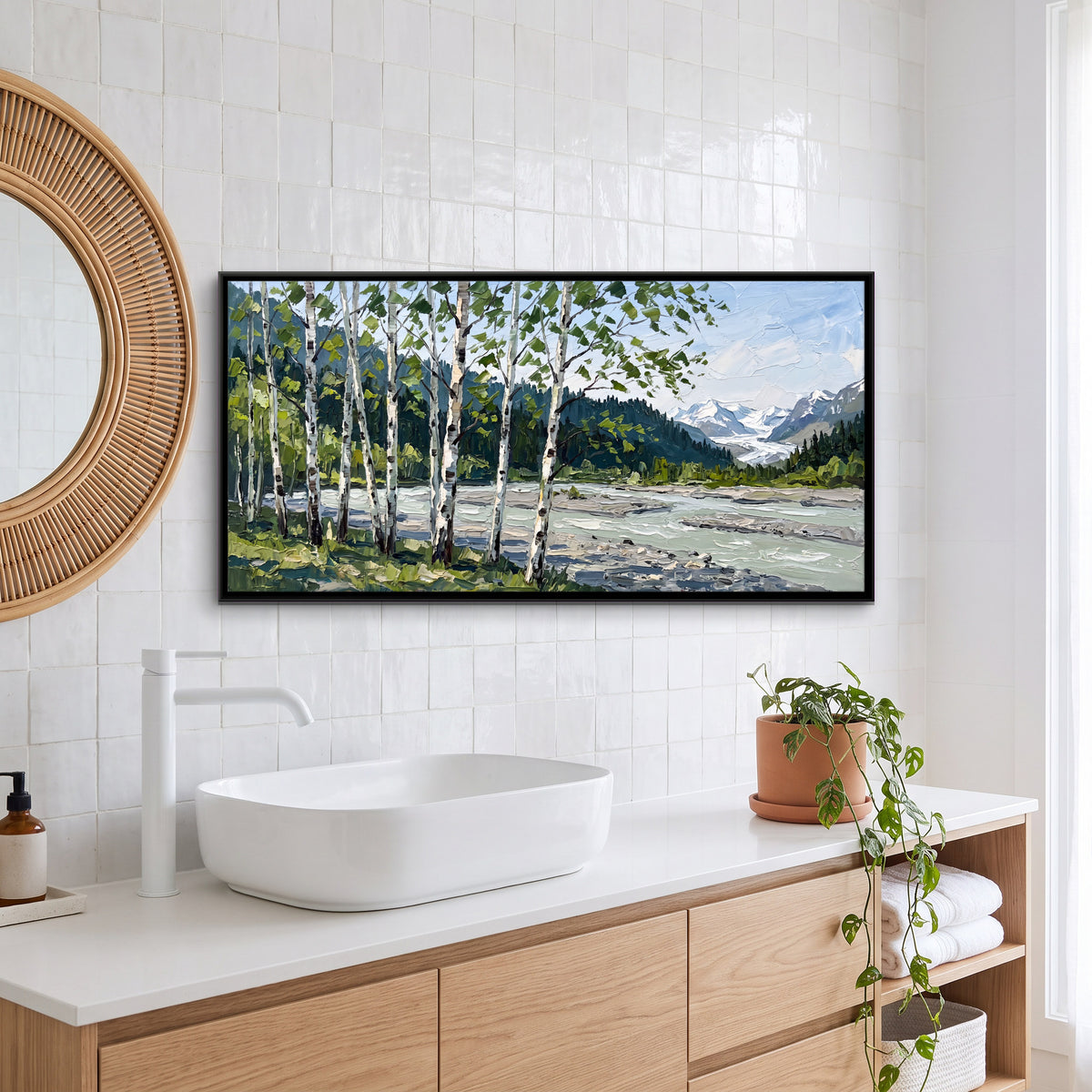 Birches by a Mountain River - canvas art shown in a styled room