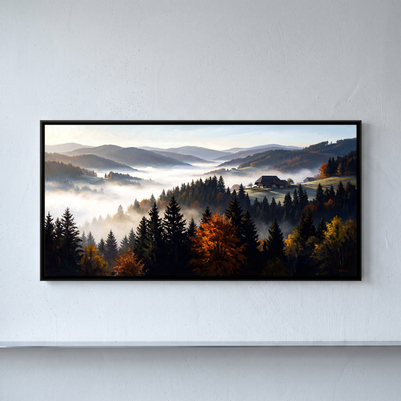Farmhouse Above a Misty Valley - framed canvas art hung on a wall