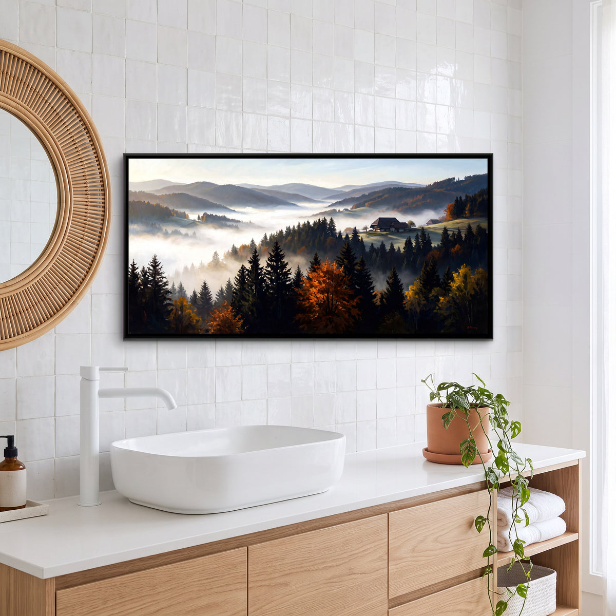 Farmhouse Above a Misty Valley - canvas art shown in a styled room
