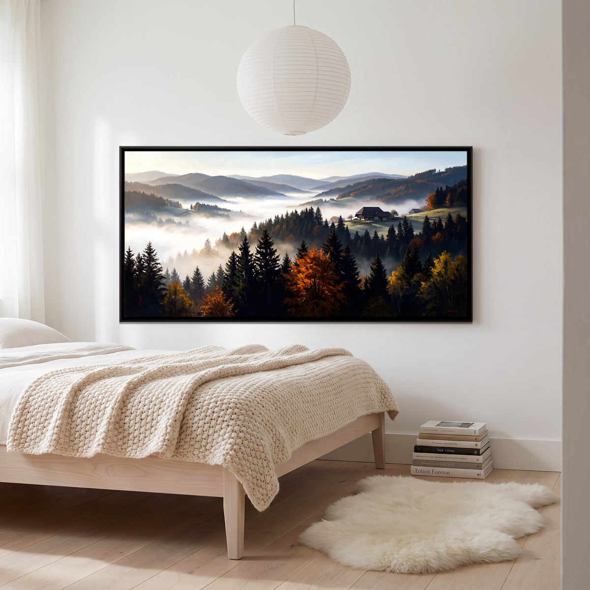 Farmhouse Above a Misty Valley - canvas art shown in a second room setting