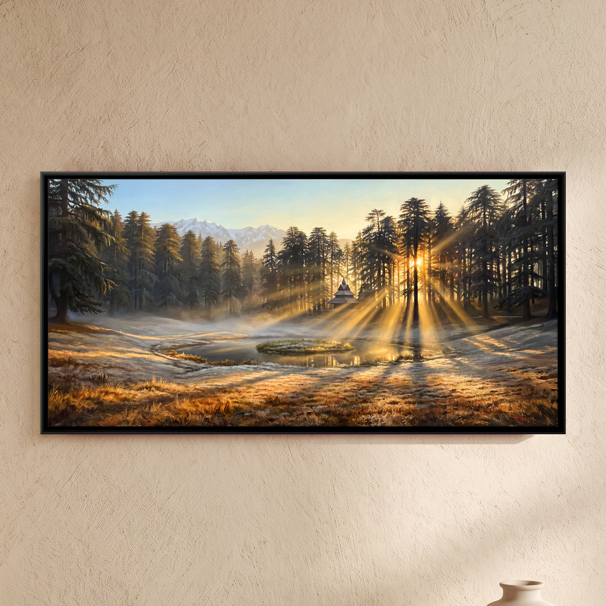 Sunrise Through a Pine Forest - framed canvas art hung on a wall