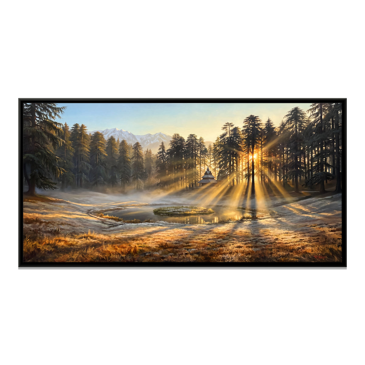 Sunrise Through a Pine Forest - framed canvas print, front view