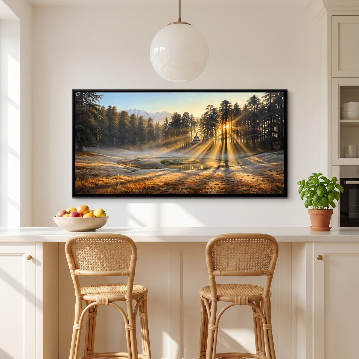 Sunrise Through a Pine Forest - canvas art shown in a styled room