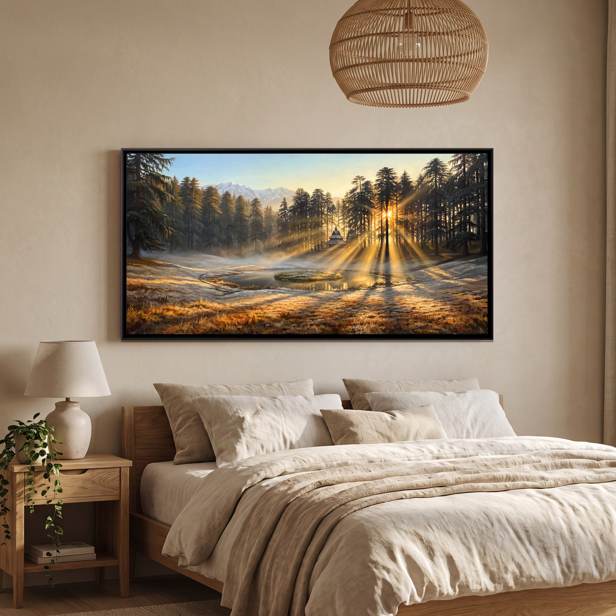 Sunrise Through a Pine Forest - canvas art shown in a second room setting