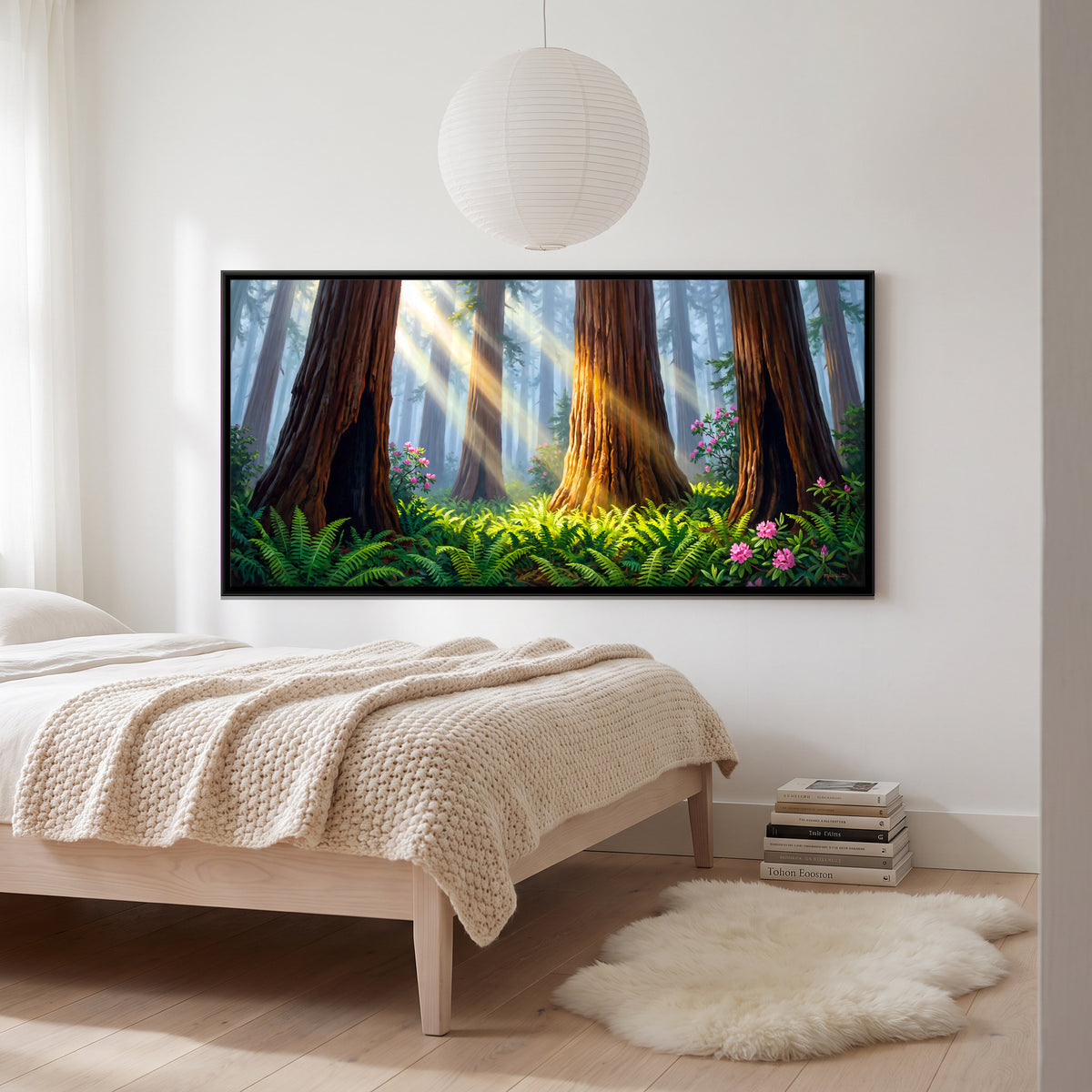 Sunlight in a Redwood Grove - canvas art shown in a styled room