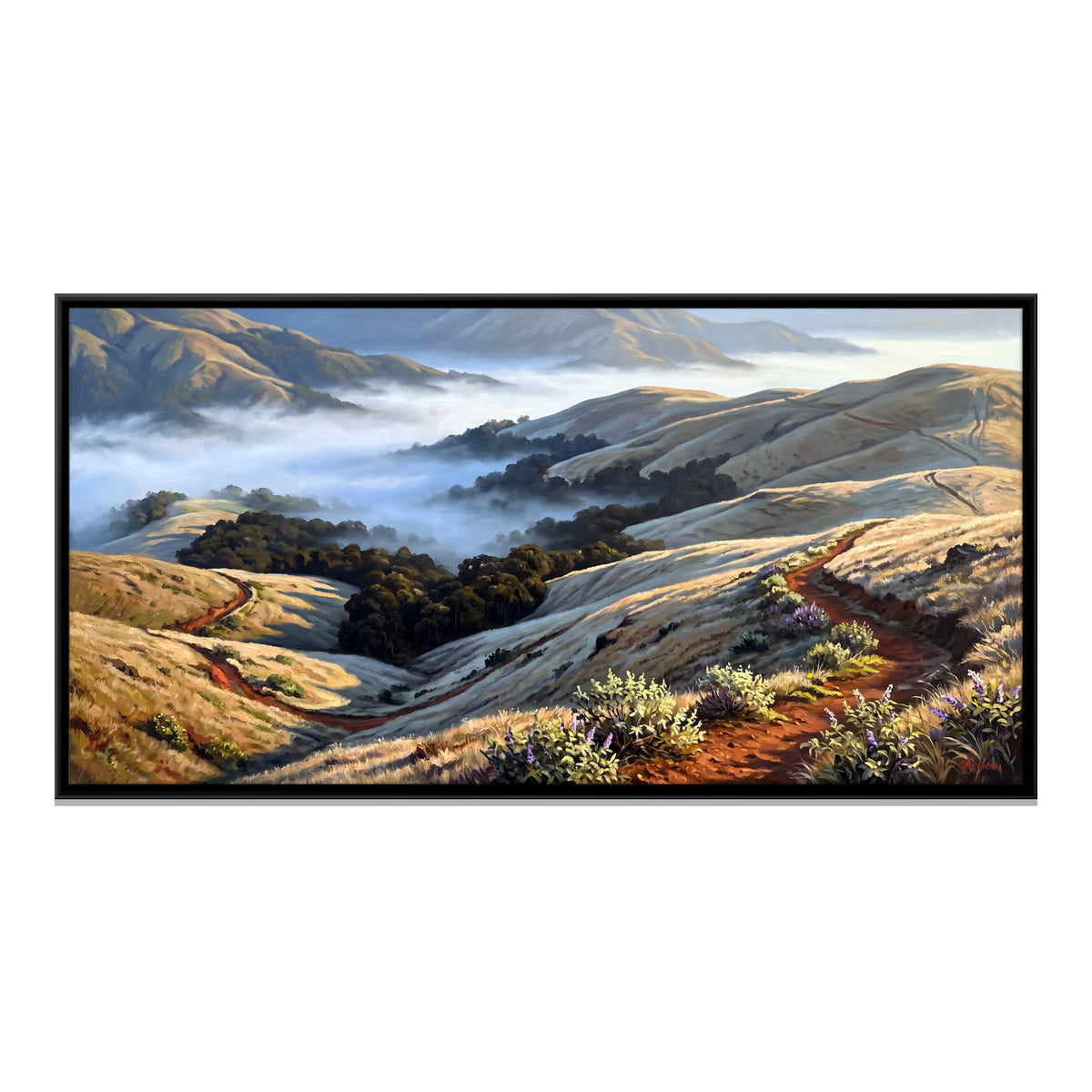 Mist Over Golden Hills - framed canvas print, front view
