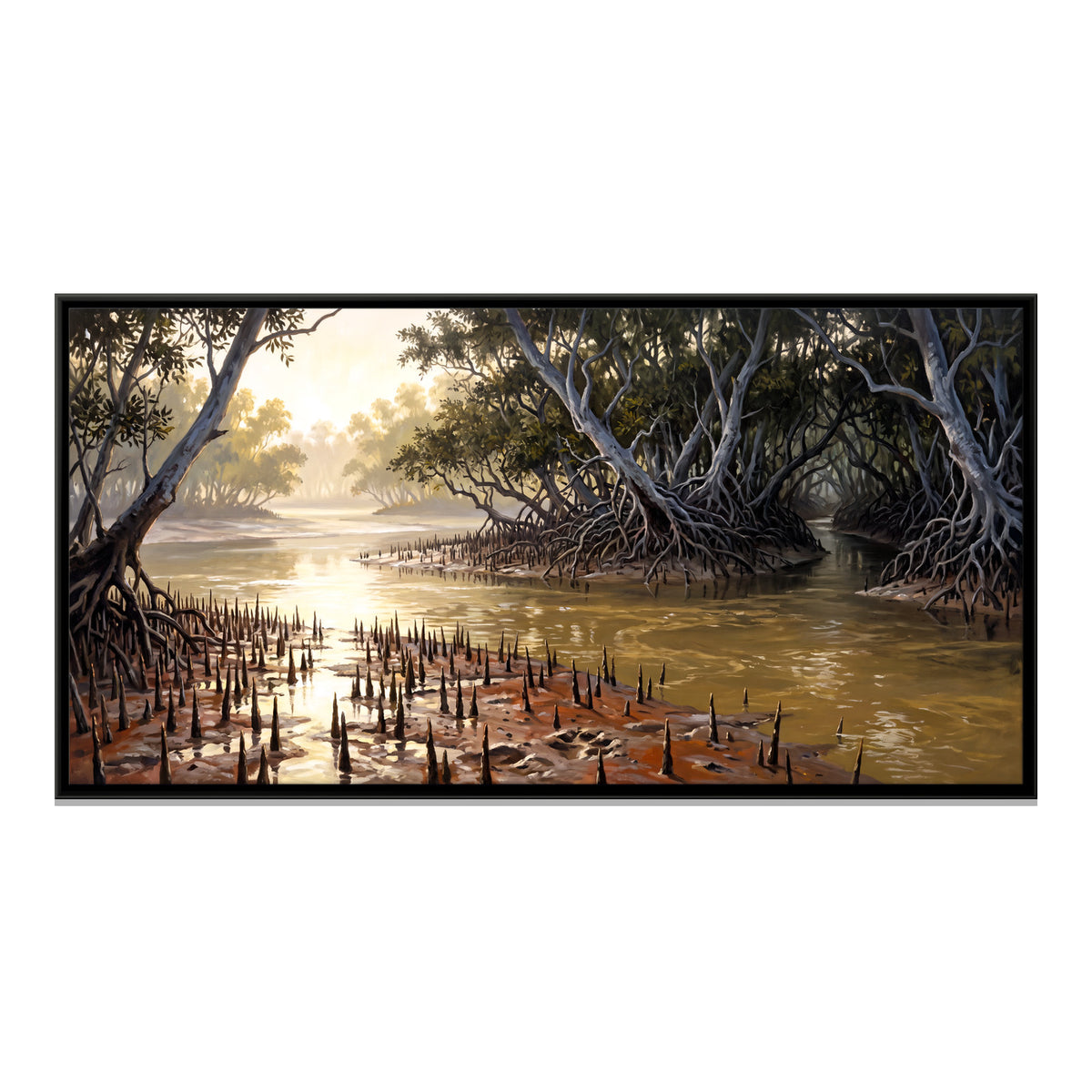 Sunlit Mangrove Creek - framed canvas print, front view
