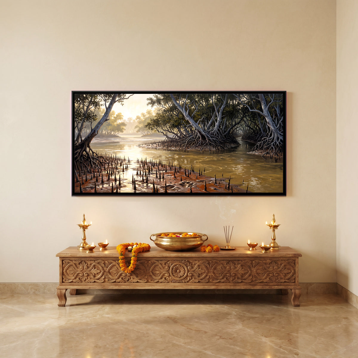 Sunlit Mangrove Creek - canvas art shown in a second room setting