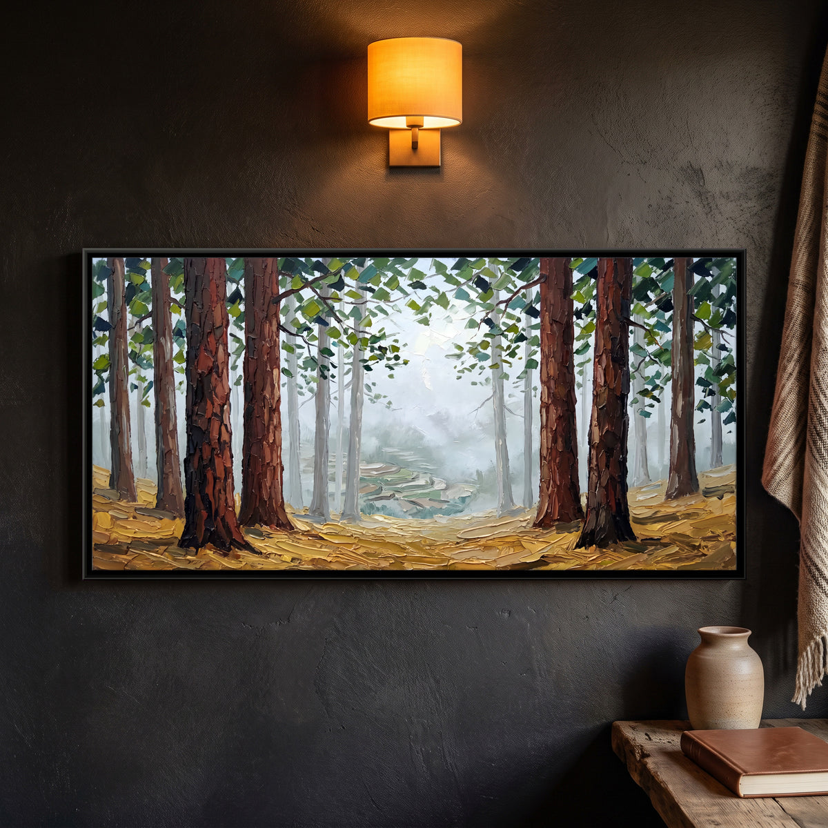 Misty Pine Forest - framed canvas art hung on a wall