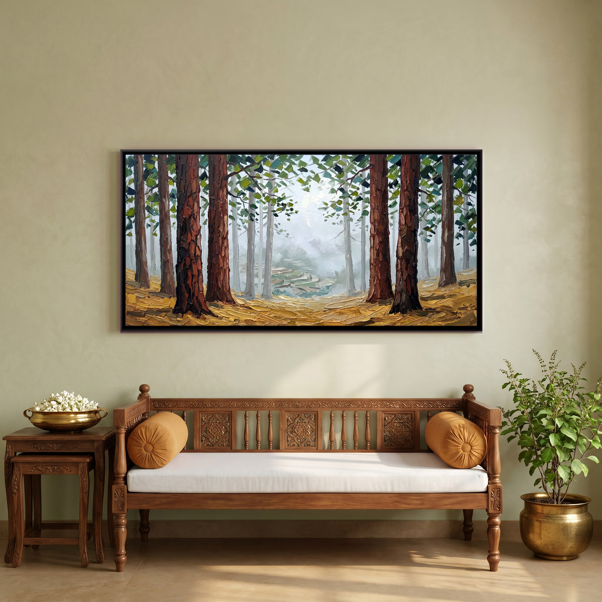 Misty Pine Forest - canvas art shown in a styled room