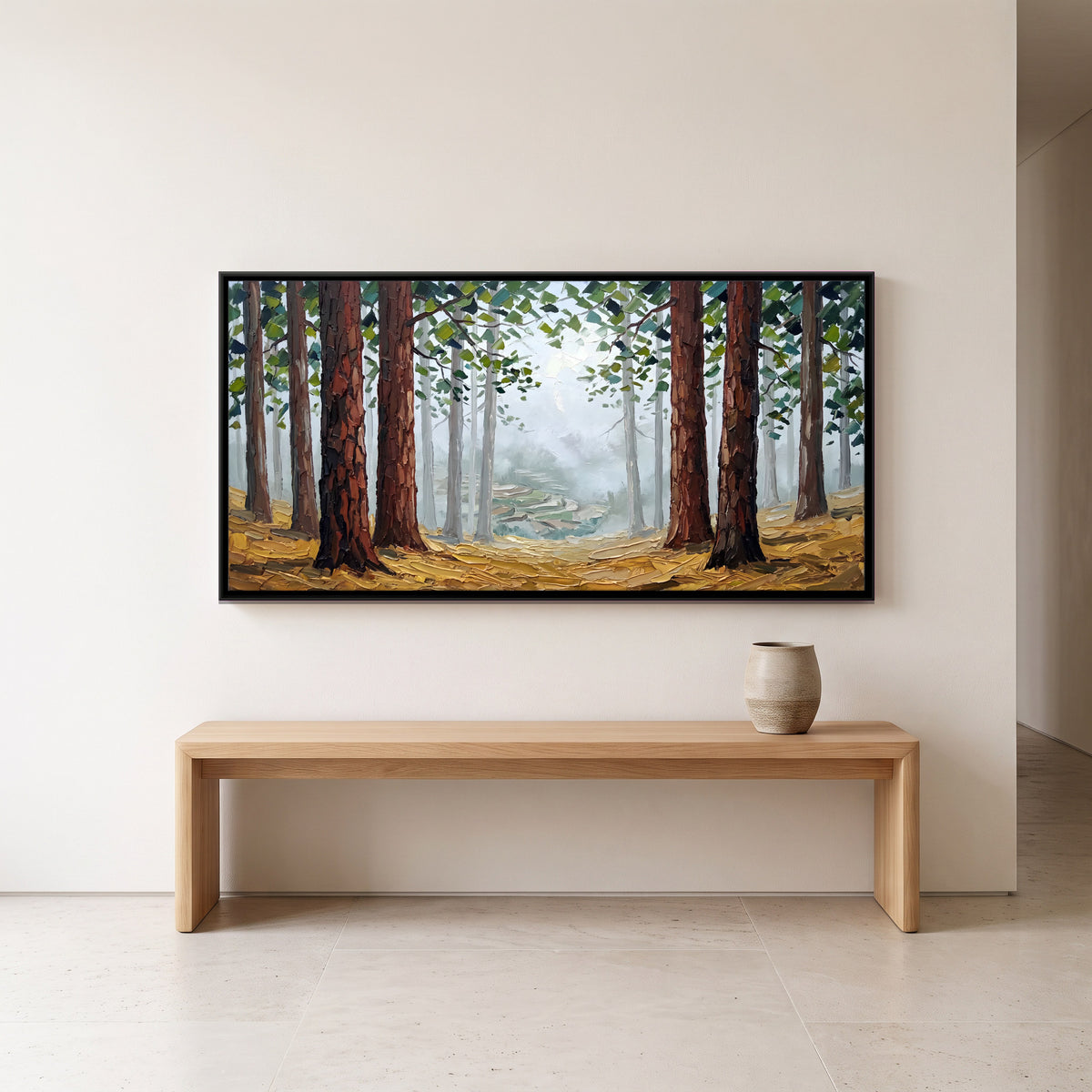 Misty Pine Forest - canvas art shown in a second room setting