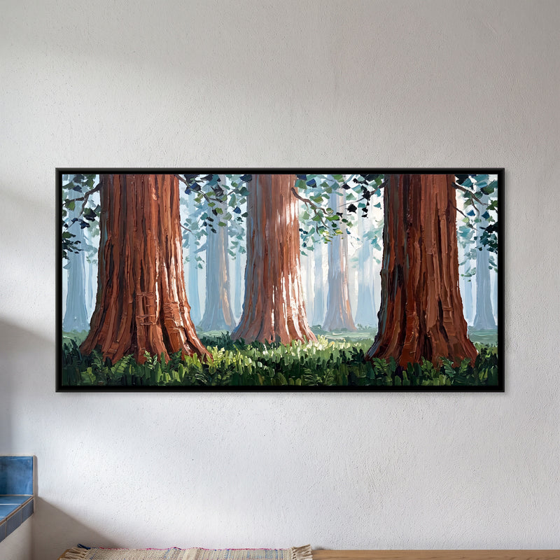 Giant Redwood Grove - framed canvas art hung on a wall