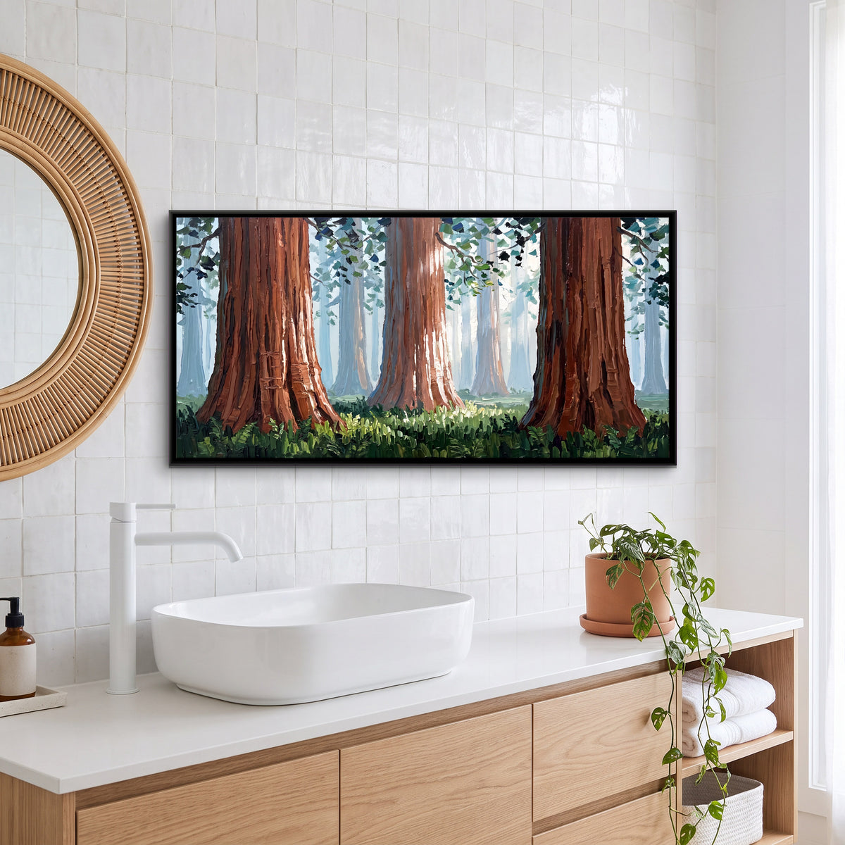 Giant Redwood Grove - canvas art shown in a styled room