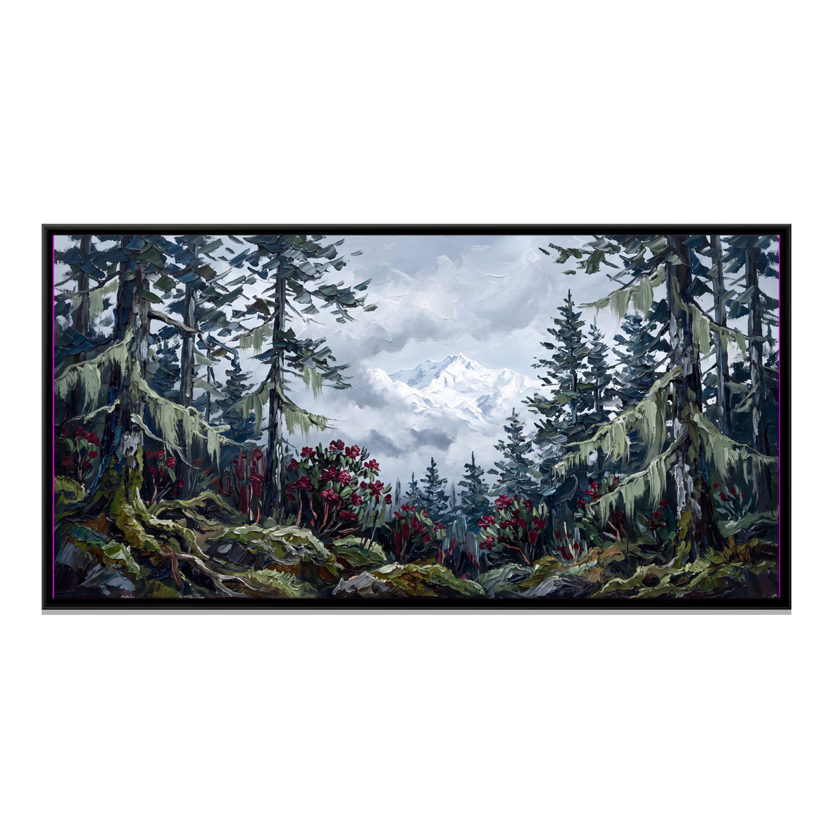 Fir Forest Below a Snow Peak - framed canvas print, front view