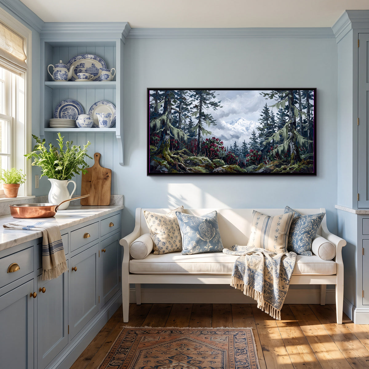 Fir Forest Below a Snow Peak - canvas art shown in a styled room