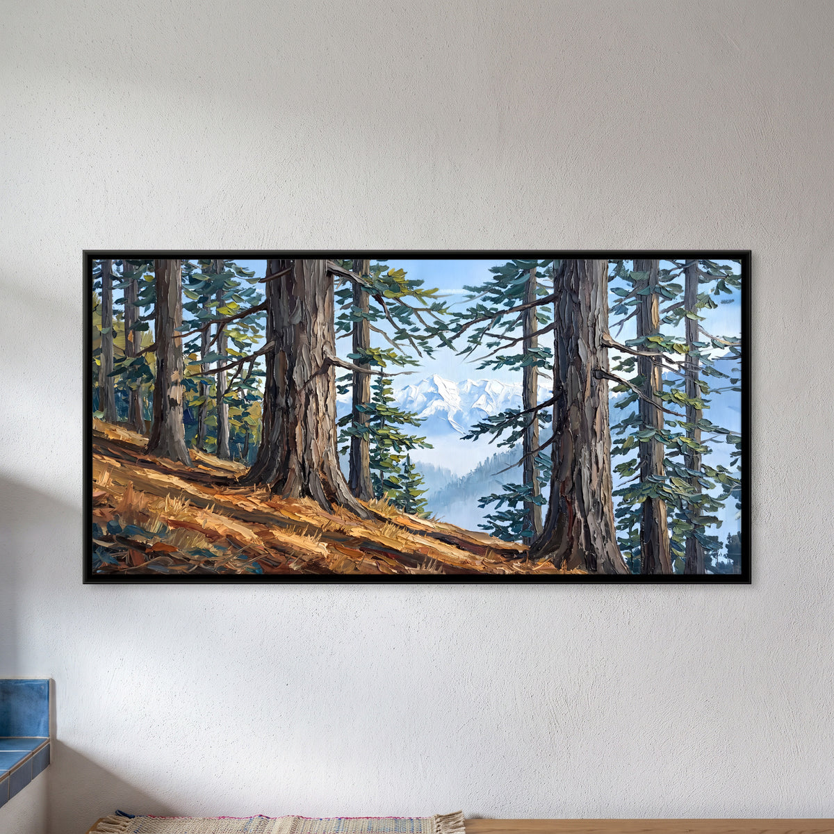 Cedars Framing a Snow Peak - framed canvas art hung on a wall