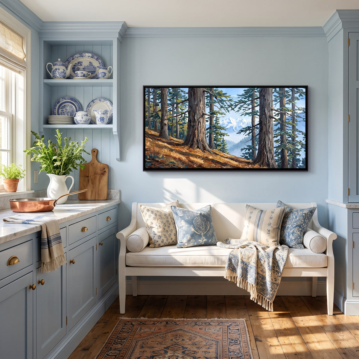 Cedars Framing a Snow Peak - canvas art shown in a styled room