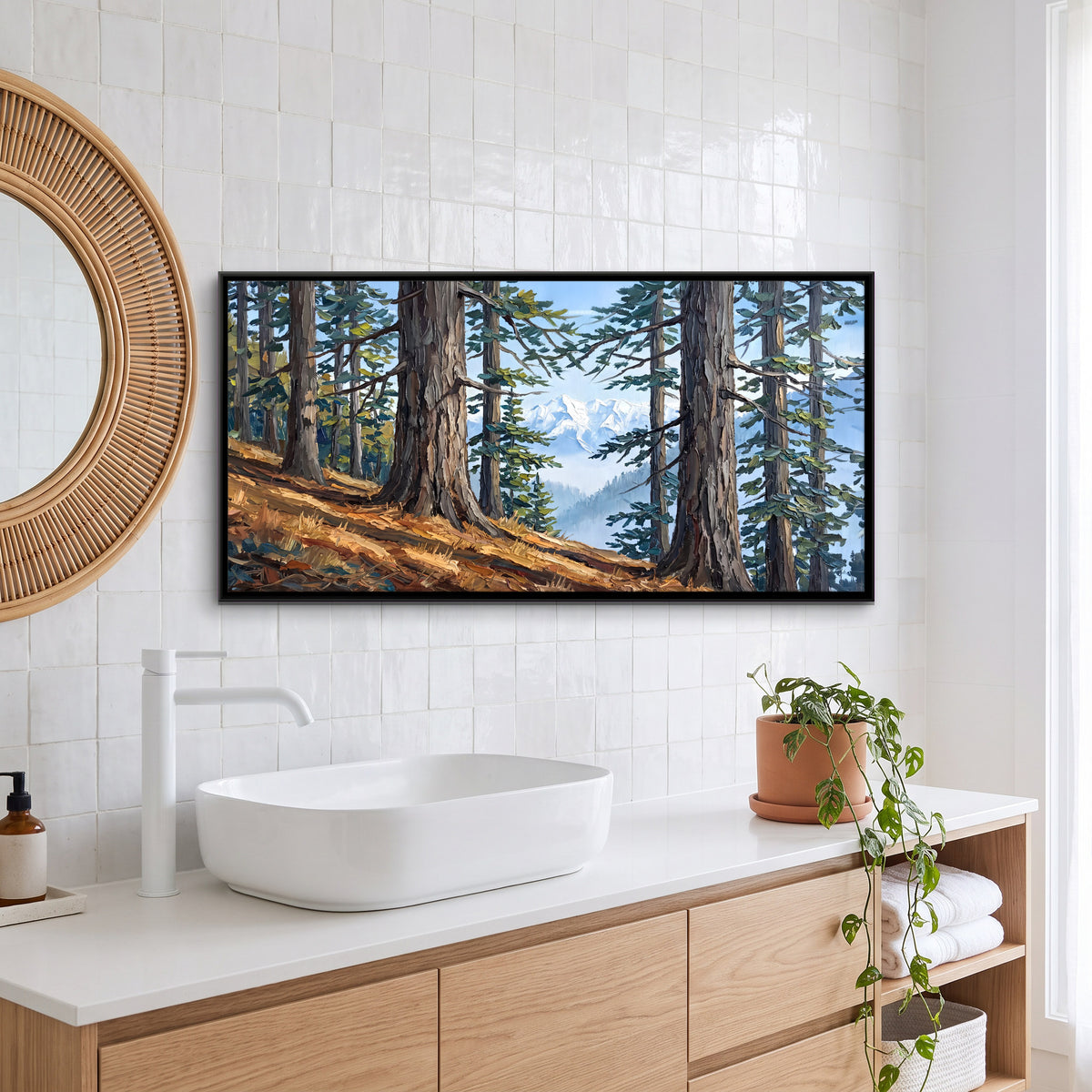 Cedars Framing a Snow Peak - canvas art shown in a second room setting