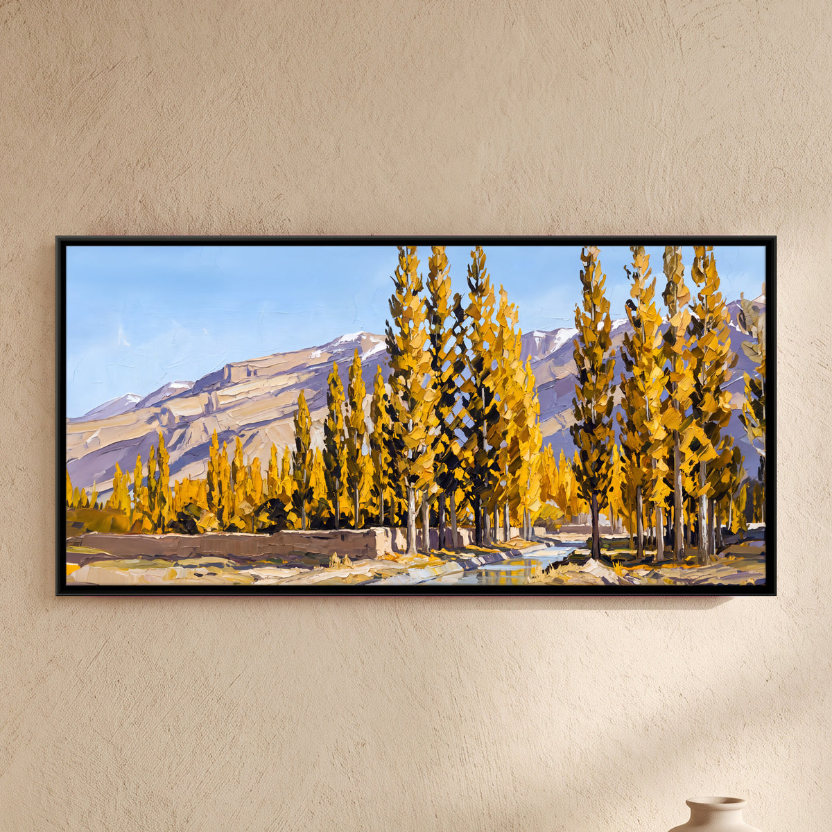 Row of Golden Poplars - framed canvas art hung on a wall